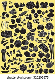 Vector illustration of fruits and vegetables in silhouette mode