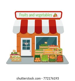 Vector illustration of fruits and vegetables store. Flat design.