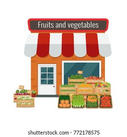Vector illustration of fruits and vegetables store. Flat design.