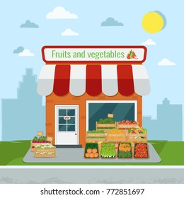 Vector illustration of fruits and vegetables store. Flat design.
