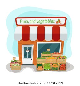 Vector illustration of fruits and vegetables store. Flat design.