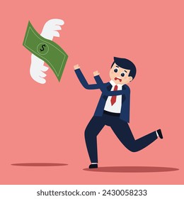 Vector illustration of a frustrated businessman chasing money, depicting loss and bankruptcy