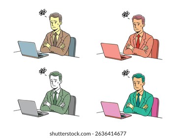 Vector illustration of a frustrated businessman in multiple color themes, sitting in front of a laptop with a scribble symbolizing confusion or work stress. Ideal for concepts like decision fatigue.