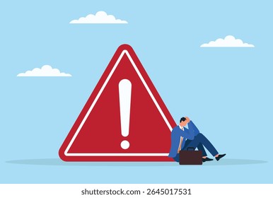 Vector illustration of a frustrated businessman sitting beneath a huge warning icon, representing the overwhelming pressure and stress caused by looming risks and business challenges
