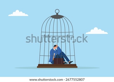 Vector illustration of a frustrated businessman trapped in a cage, symbolizing career limitations, financial constraints, or feeling stuck in challenging situations
