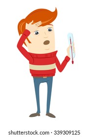 Vector illustration Frustrated hipster character holding a thermometer with high temperature wearing sweater. Flat style