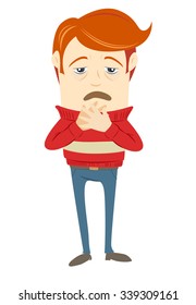 Vector illustration Frustrated hipster character with a sore throat and cough wearing sweater. Flat style