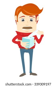 Vector illustration Frustrated hipster character holding a paper tissue for a cold wearing sweater. Flat style
