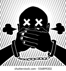 Vector illustration of a frustrated man in a handcuff being censored for the concept: clamping down on dissent.