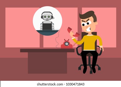 Vector illustration of frustrated man talking on phone with responding machine. Angry of talking to a robot instead of a human concept