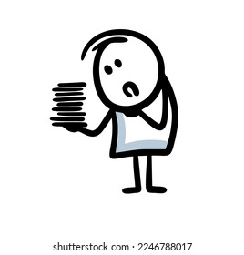 A vector illustration of a frustrated man at work looks sadly at a stack of papers in his hand. An office worker has received a new assignment.