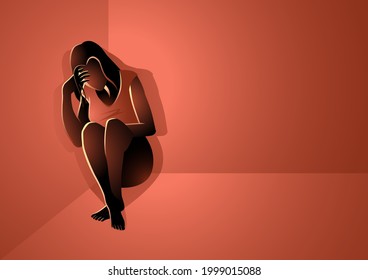 Vector illustration of frustrated woman sitting in the corner