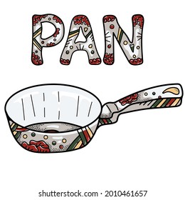 Vector illustration of a frying pan decorated with floral ornament. Design for kitchen, menu, cafe, restaurant. Hand-drawn isolated kitchen utensils.