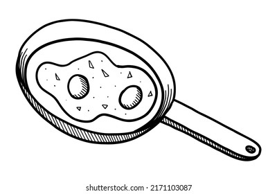 VEKTORGRAFIK EINES FRYING-PAN MIT FREUNDLICHEN EIERN EINZELN AUF WEISSEM HINTERGRUND. DOODLE-DRAWING MIT HAND