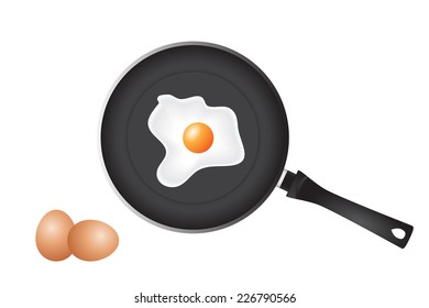 Vector illustration of a frying pan, mesh egg and some normall eggs