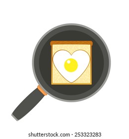 Vector illustration of a frying pan with a piece of bread and a fried egg. Vector breakfast image.