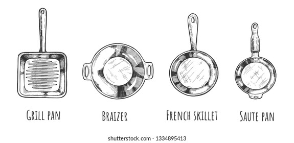 Vector illustration of frying pan set. Device for frying food different types Braizer, french skillet, grill pan, saute pan. Vintage hand drawn style.