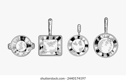 Vector illustration of frying pan set. Device for frying food different types Braizer, french skillet, grill pan, saute pan. Vintage hand drawn style.