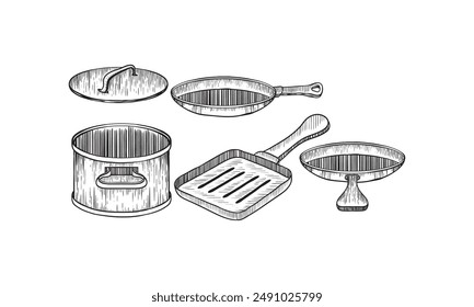 Vector illustration of frying pan set. Device for frying food different types Braizer, french skillet, grill pan, saute pan. Vintage hand drawn style.