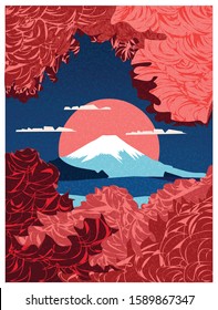 Vector illustration of Fujisan mountain in spring with apple blossom or sakura bloom.Red vine and classic blue  color tone with noise and grainy texture.Concept of travel to Japan in spring or Autumn