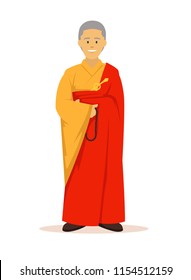 Vector illustration full body of buddhist monk with orange robes