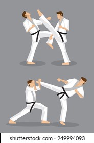 Vector illustration of full body karate black belt male fighter doing high kicks in karate training. 