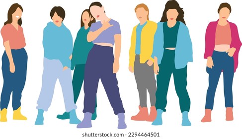 Vector illustration of full body people in colorful street style outfits and sneakers isolated on white background