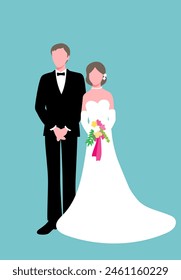 Vector illustration of a full body portrait of a bride in a wedding dress and a groom in a tuxedo