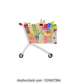 Vector illustration of a full food meal drink a shopping trolley. Picture isolated on white background. Shopping cart on wheels complete products. Flat style. Side view.