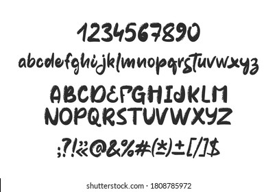 Vector illustration: Full Hand drawn textured Brush font. Handwritten English Abc alphabet with numbers and punctuation.