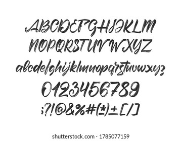 Vector illustration: Full Handwritten brush font. English Abc alphabet with punctuation and numbers on white background.