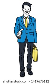 Vector illustration full length character of young, handsome businessman, giving a handshake, and holding briefcase. Linear, thin line art, hand drawn sketch design.