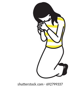 Vector illustration full length character of woman, kneeling down, holding hands, praying, making worship, religious concept. Outline, hand drawn sketch, line art, doodle, cartoon, simple design.