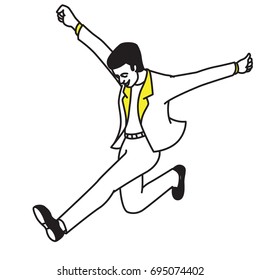 Vector illustration full length character of businessman jumping in the air, in concept of happiness, winning, success, or congratulation. Outline, hand drawn, line art, doodle, sketch design. 