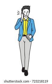 Vector illustration full length character of young businessman, in suit, holding coffee cup, talking and chatting on smartphone, walking in break time.