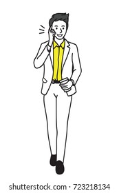 Vector illustration full length character of young businessman, in suit, holding coffee cup, talking and chatting on smartphone, walking in break time. Outline, linear, line art, simple design.