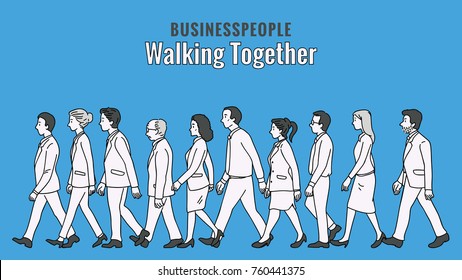 Vector illustration full length character of businesspeople, man and woman, walking together in the same direction, multi-ethnic, side view. Outline, linear, thin line art, hand drawn sketch.