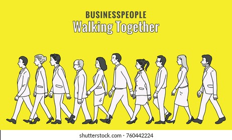 Vector illustration full length character of businesspeople, man and woman, walking together in the same direction, diversity, multi-ethnic. Outline, linear, thin line art, hand drawn sketch.