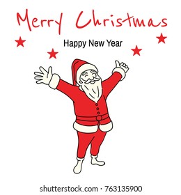 Vector illustration full length character of Christmas Santa Claus raising and stretching hands, presenting Merry Christmas, Happy New Year text. Outline, linear, thin line art, hand drawn sketch.