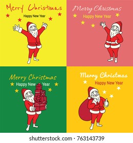 Vector illustration full length character of Christmas Santa Claus with Merry Christmas card set for New Year season. Outline, linear, thin line art, hand drawn sketch.