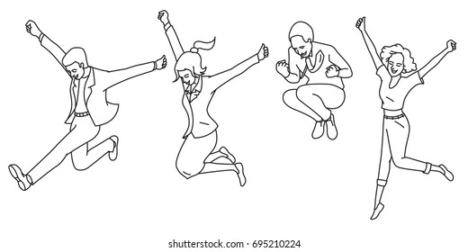 Vector illustration full length characters of various people, jumping in the air with expression of happiness, success, winning. Outline,  hand drawn sketch design. Diversity, multi-ethnic. 