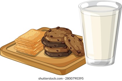 Vector illustration of a full milk glass beside cookies and crackers on wooden board