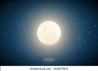 Vector illustration with full moon in blue night starry sky. Space background with Earth Satellite. White celestial object for planetarium or astronomy calendar