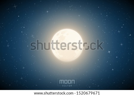 Vector illustration with full moon in blue night starry sky. Space background with Earth Satellite. White celestial object for planetarium or astronomy calendar