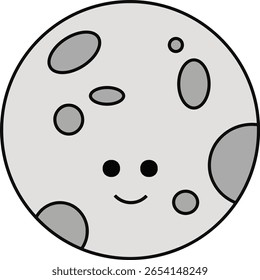 ilustração vetorial de um personagem de lua cheia em tons de cinza suave com uma face sorridente e crateras de estilo cartoon.