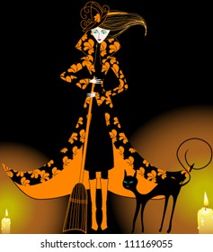 Vector illustration with full Moon and Halloween witch, cat and candlelight