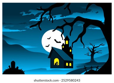 
ilustração vetorial de uma lua cheia halloween noite ver fundo completo com cemitério e castelo. Adequado para fundos, cartazes, decorações de parede, capas de livros.