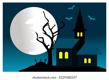 
ilustração vetorial de uma lua cheia halloween noite ver fundo completo com cemitério e castelo. Adequado para fundos, cartazes, decorações de parede, capas de livros.