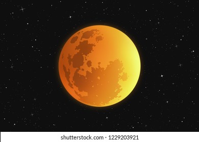 Vector illustration with full moon in night starry sky. Space background with Earth Satellite. Yellow luminous heavenly body