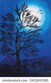 Vector Illustration of a Full Moon Night and a Tree Silhouette